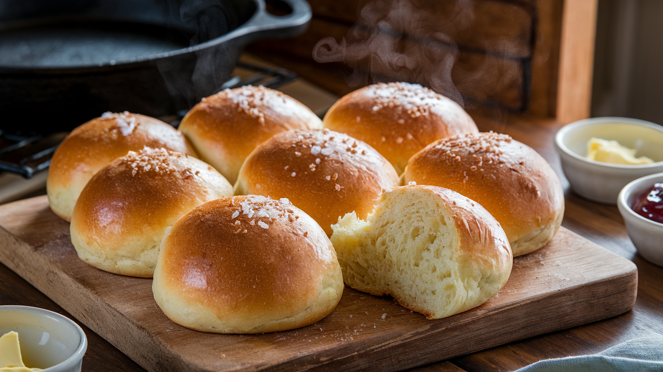 Freshly baked sourdough discard rolls, golden brown with a shiny butter-brushed top, sprinkled with flaky sea salt, displayed on a wooden board with a cozy kitchen background.