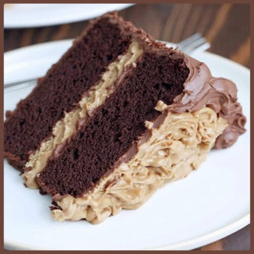 Discover the Best German Chocolate Cake Recipe 8 A slice of rich German chocolate cake with two layers of moist chocolate cake, coconut pecan filling, and chocolate frosting, served on a white plate.