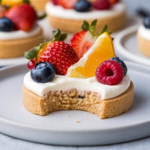 How To Make Fruit Pizza With Sugar Cookie Dough 18 A close-up of a fruit pizza made with sugar cookie dough, topped with a creamy white frosting and an assortment of fresh fruits, including strawberries, blueberries, raspberries, and orange slices. A bite is taken out, revealing the soft, golden cookie base.