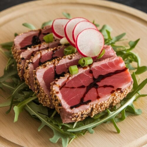Close-up of homemade seared ahi tuna with sesame crust on a wooden cutting board