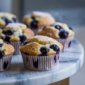 Easy Mini Blueberry Muffins 11 Mini Blueberry Muffins on a modern marble countertop, showcasing their golden crust and juicy blueberry bursts.