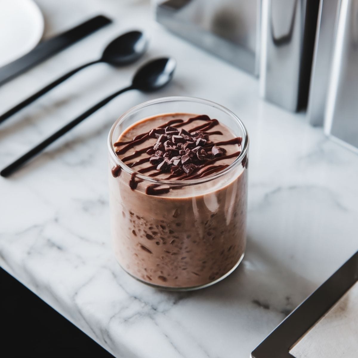 Easy Blended Chocolate Overnight Oats 9 Blended Chocolate Overnight Oats in a glass jar, topped with chocolate drizzle and cacao nibs on a modern marble countertop.