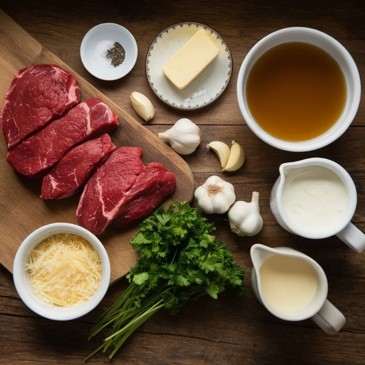 Fresh ingredients for garlic butter steak bites with Parmesan cream sauce, including cubed sirloin steak, butter, fresh garlic, beef broth, heavy cream, grated Parmesan cheese, and parsley, arranged on a rustic wooden countertop.