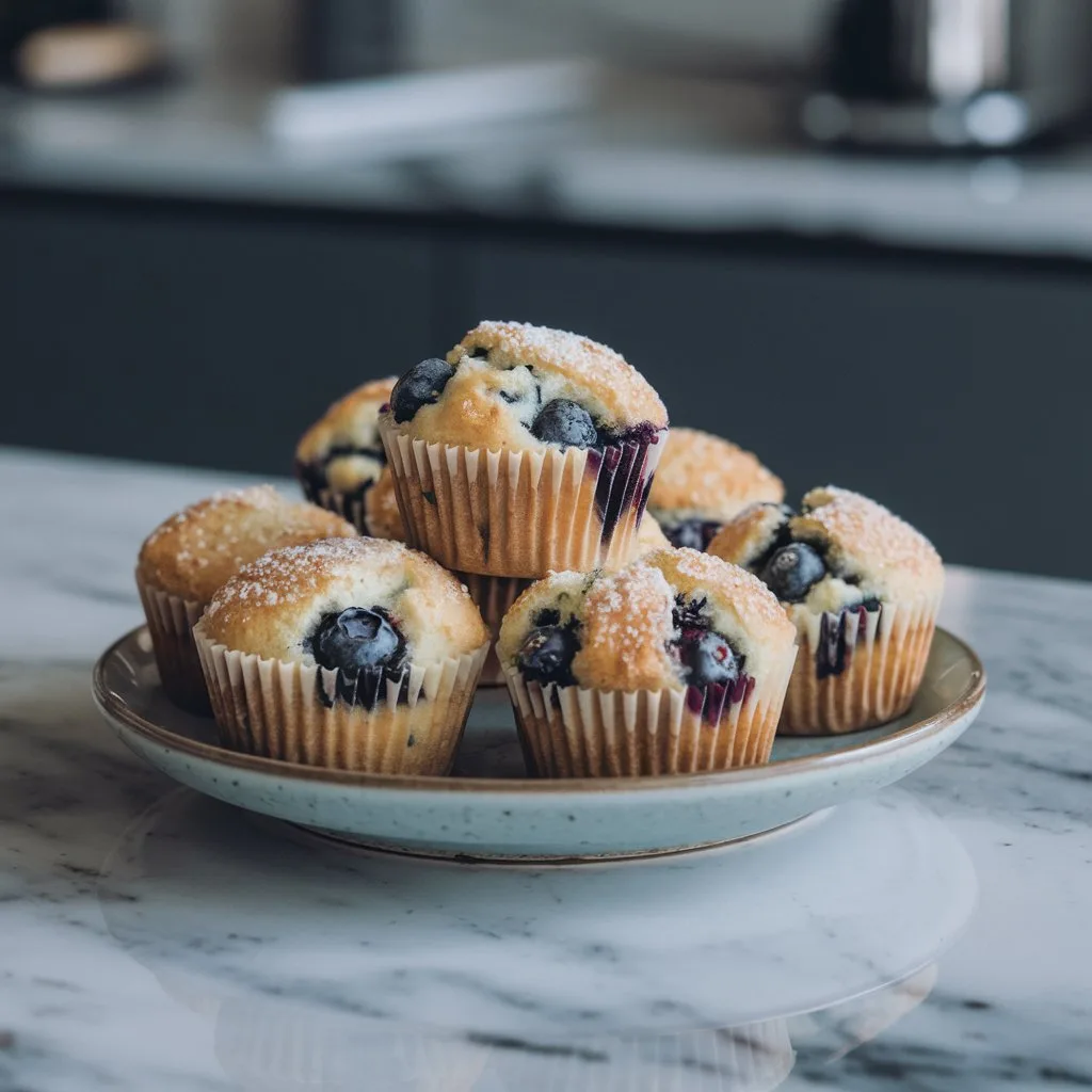 Close-up of the final Mini Blueberry Muffins, showcasing their golden crust and juicy blueberries.