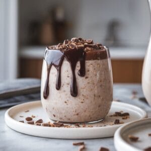 Easy Blended Chocolate Overnight Oats 12 Blended Chocolate Overnight Oats in a glass jar, topped with chocolate drizzle and cacao nibs on a modern marble countertop.