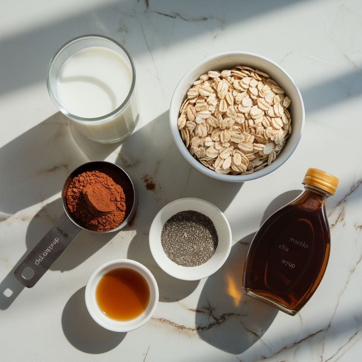 Easy Blended Chocolate Overnight Oats 10 Ingredients for Blended Chocolate Overnight Oats arranged on a modern marble surface, including oats, cocoa powder, chia seeds, and milk.