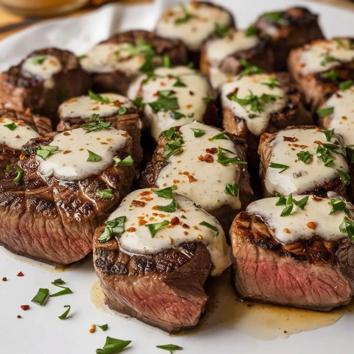 Tender garlic butter steak bites drizzled with a rich Parmesan cream sauce, garnished with fresh parsley and red pepper flakes, served on a rustic wooden plate.