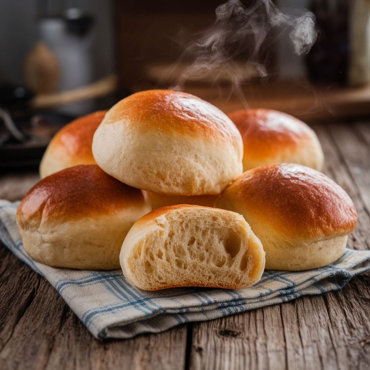 One-Hour Soft Sourdough Discard Rolls: Grandma's Secret Family Recipe 1 Freshly baked sourdough discard rolls on a rustic table, showcasing their golden-brown tops and soft interior.