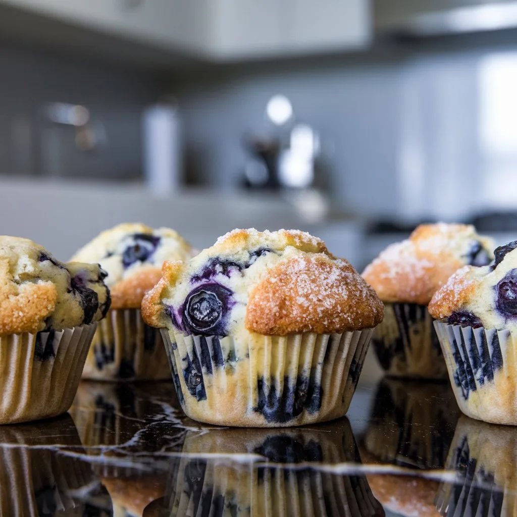 Freshly baked Mini Blueberry Muffins with golden tops and juicy blueberries on a marble countertop