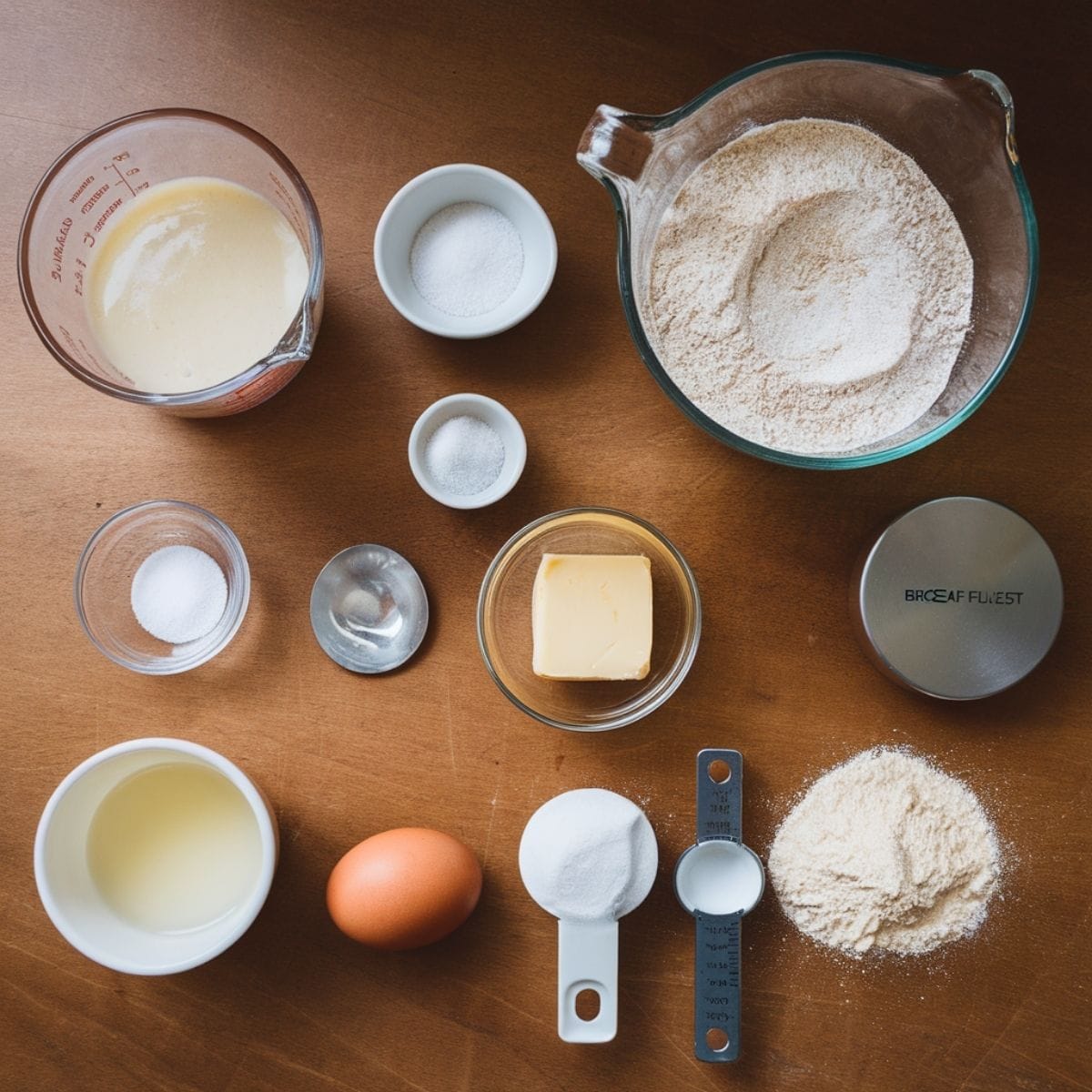 One-Hour Soft Sourdough Discard Rolls: Grandma's Secret Family Recipe 2 Ingredients for sourdough discard rolls arranged on a wooden table, including sourdough starter, flour, and yeast.