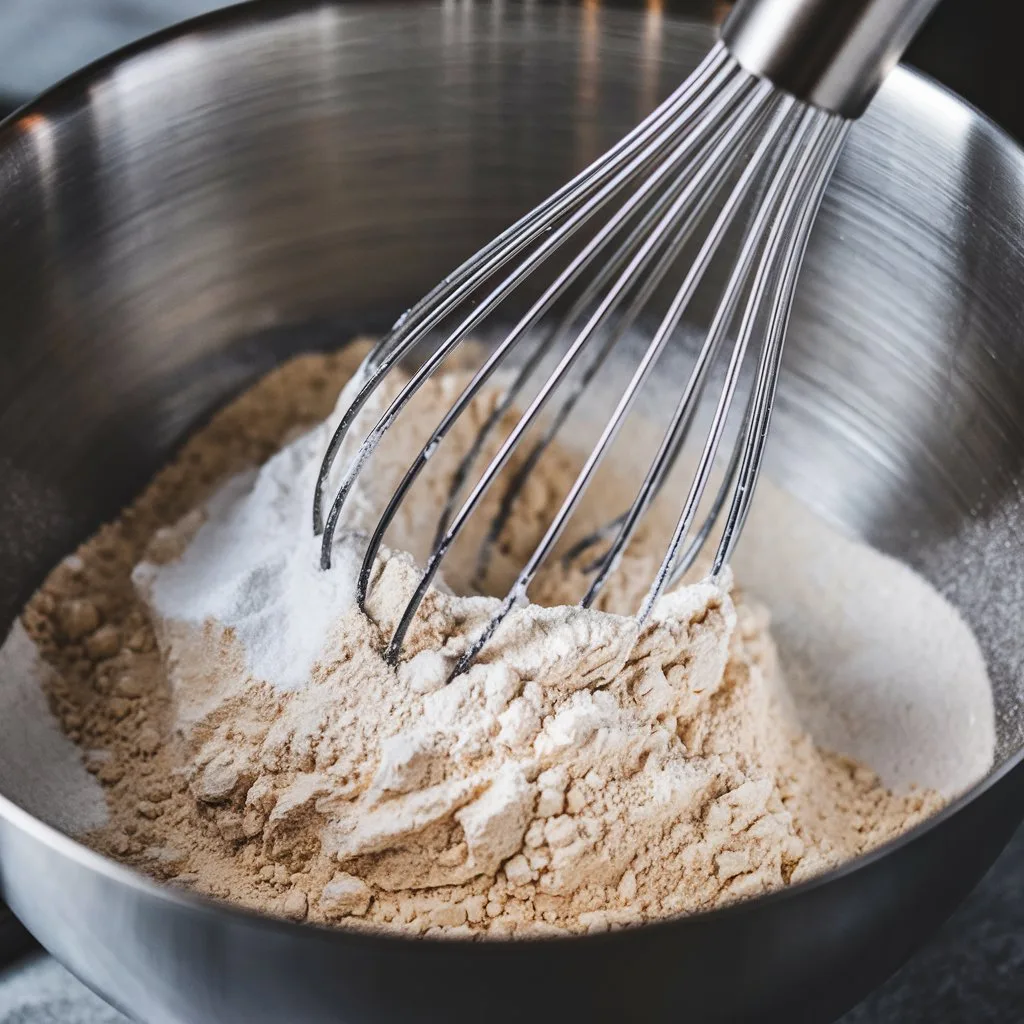 Whisking dry ingredients for Mini Blueberry Muffins in a modern kitchen