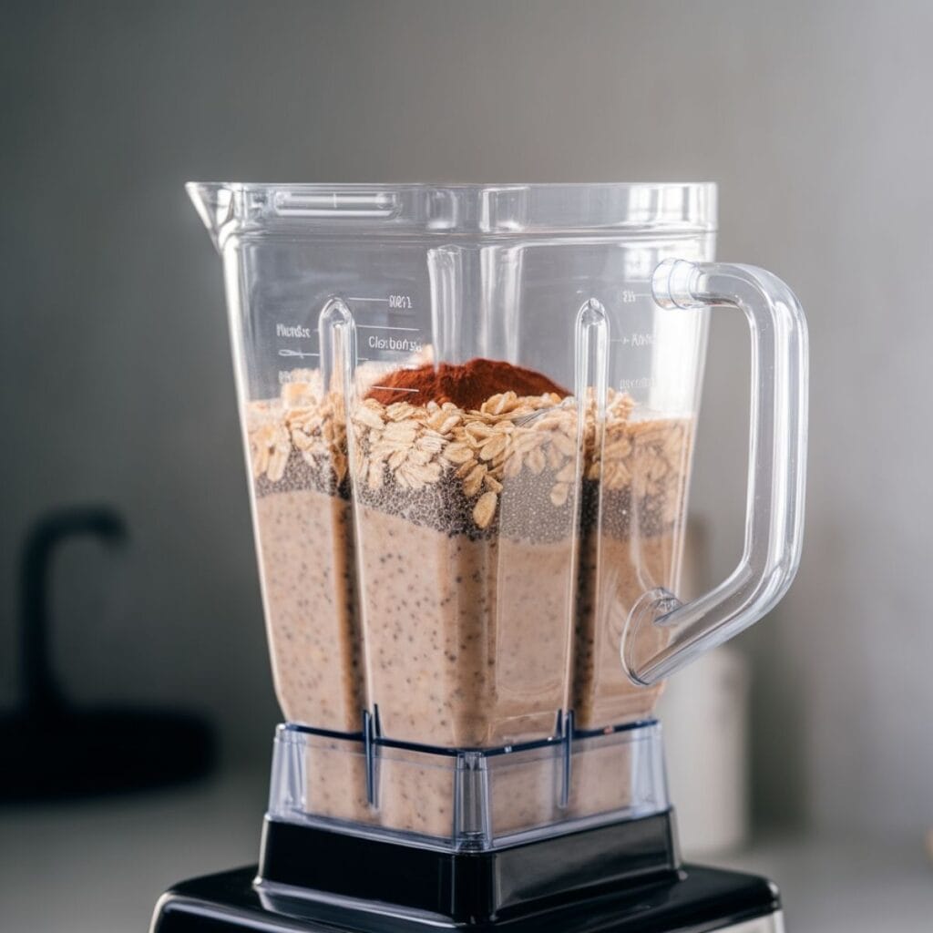 Easy Blended Chocolate Overnight Oats 11 Blending ingredients for Blended Chocolate Overnight Oats in a high-speed blender.