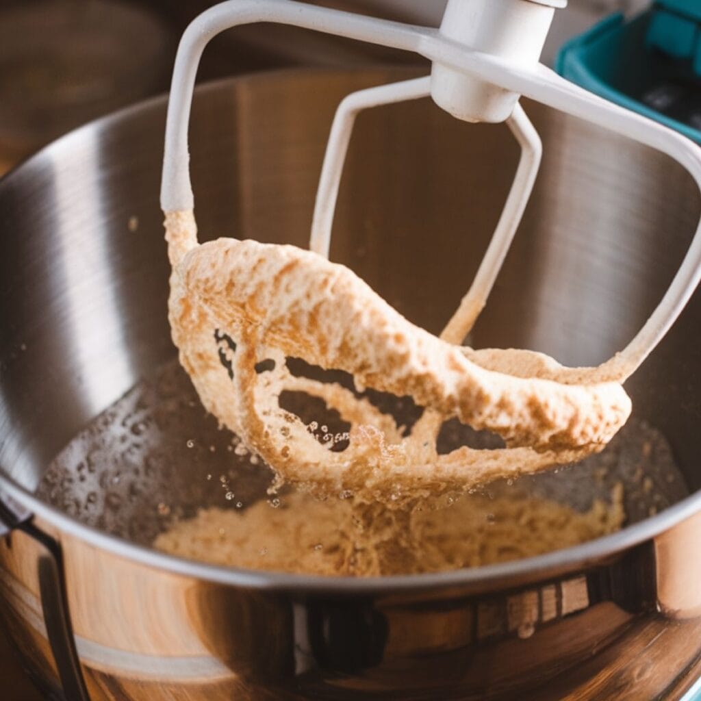 One-Hour Soft Sourdough Discard Rolls: Grandma's Secret Family Recipe 3 Mixing sourdough discard with warm water in a stand mixer bowl for sourdough discard rolls.