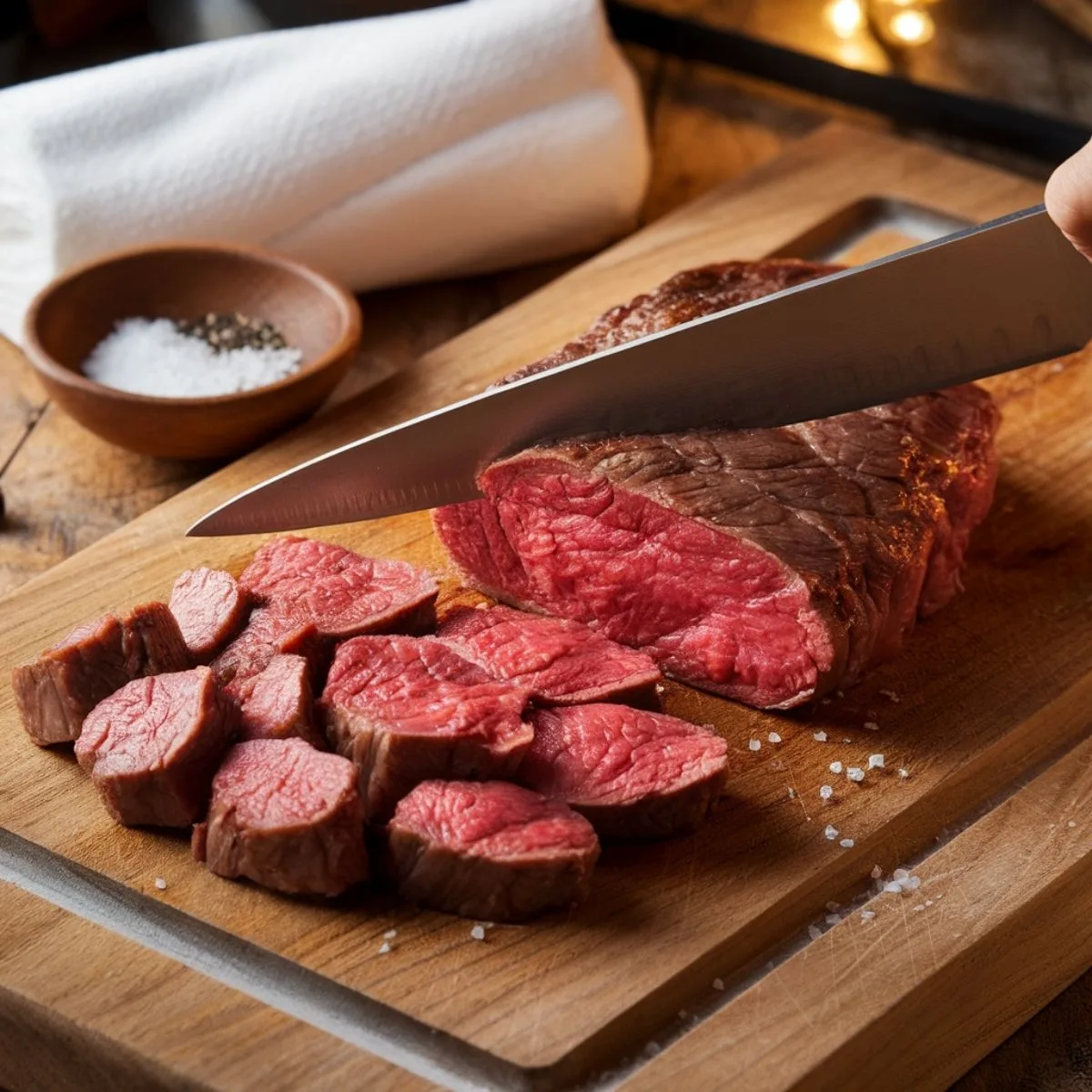Close-up of sirloin steak being cut into bite-sized cubes on a wooden cutting board, with a sharp knife, salt and pepper, and paper towels nearby for seasoning preparation.