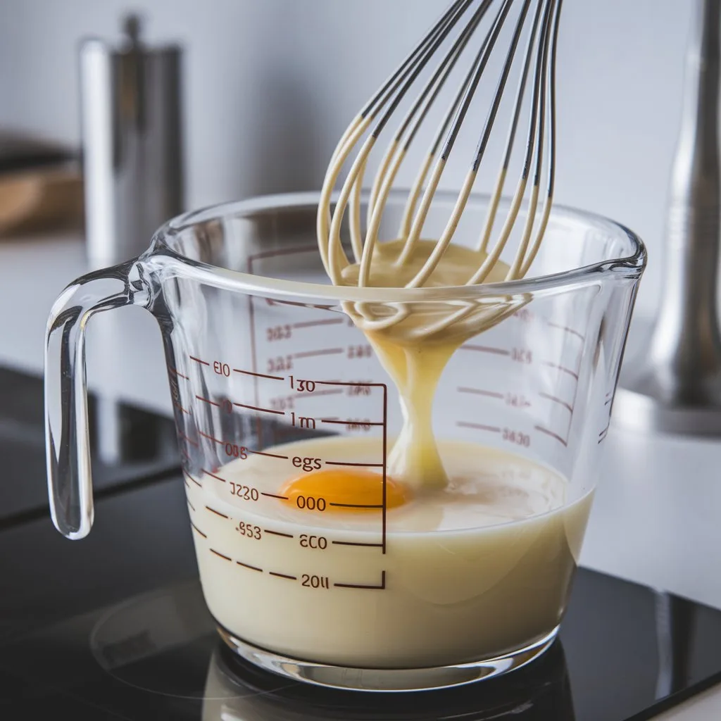 Whisking wet ingredients for Mini Blueberry Muffins in a glass measuring cup