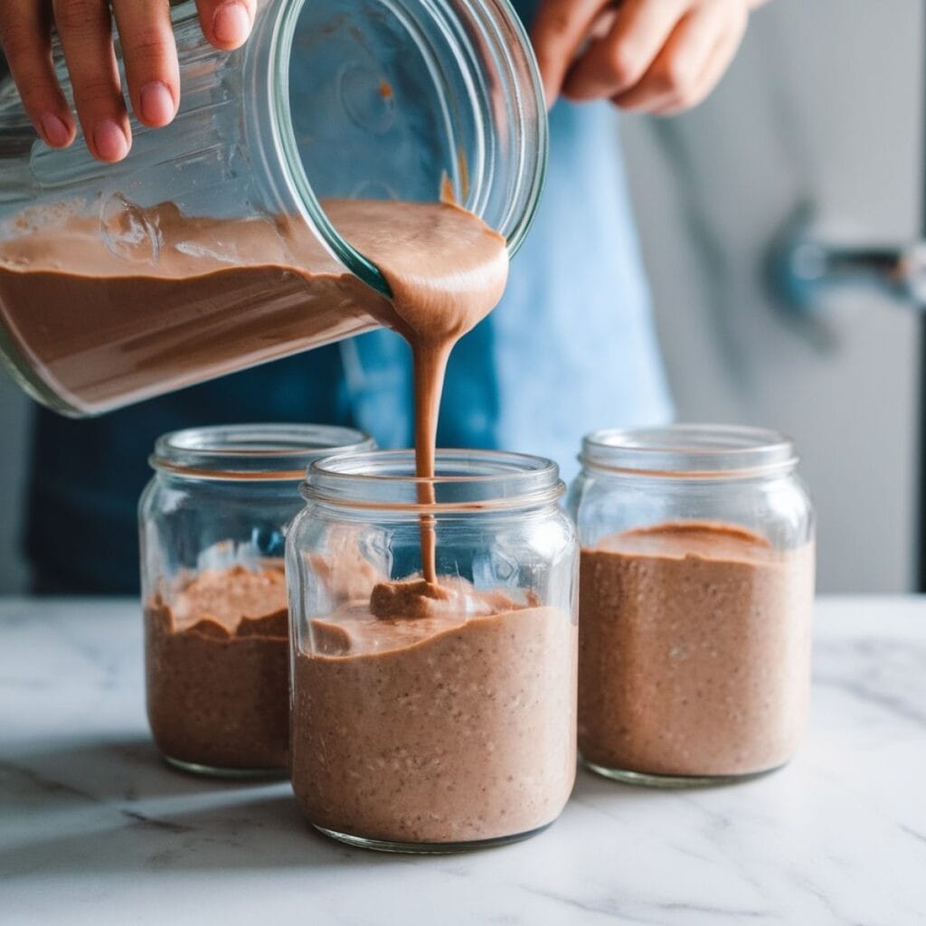Easy Blended Chocolate Overnight Oats 12 Pouring blended chocolate oat mixture into glass jars on a modern marble countertop.