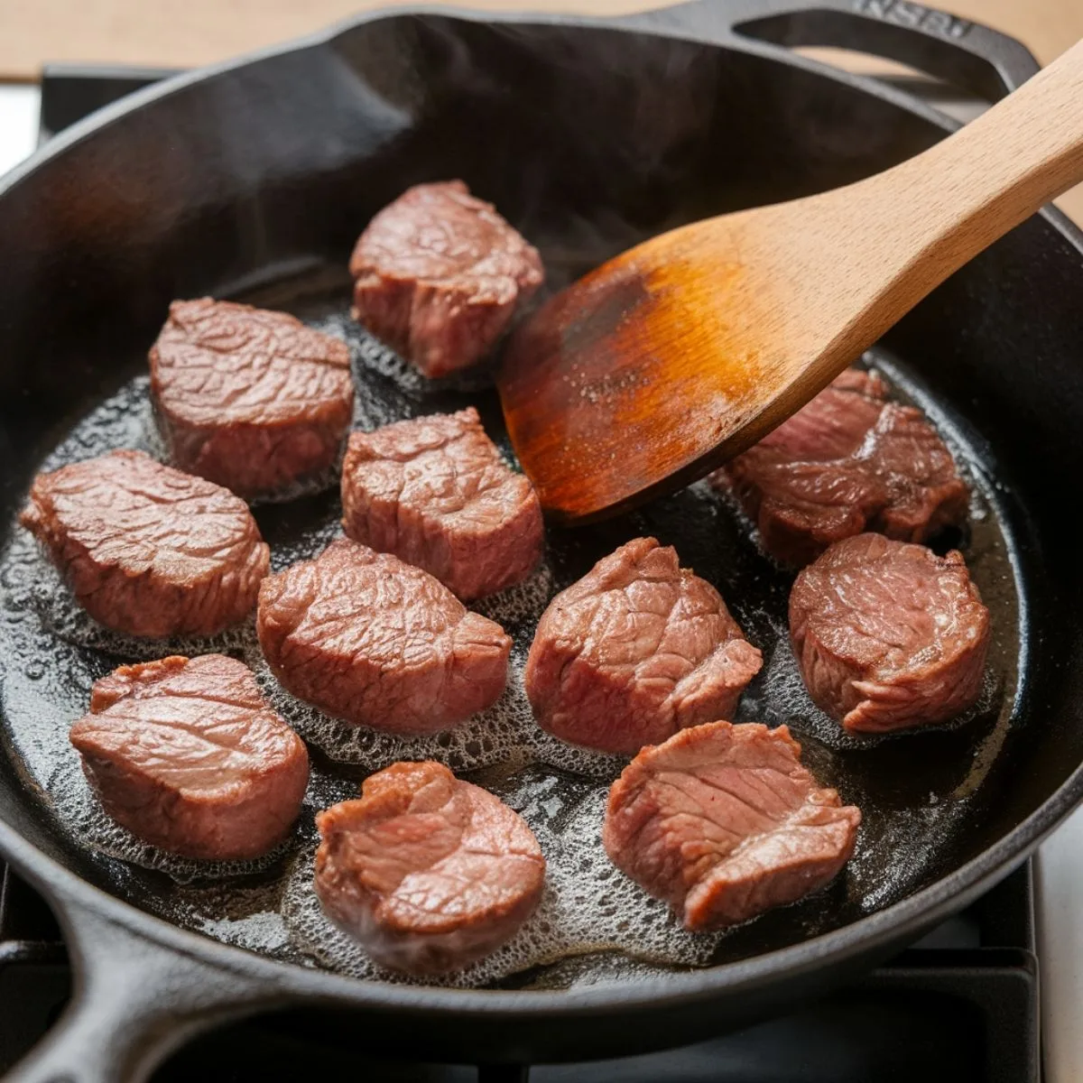 Bite-sized steak pieces sizzling in a cast-iron skillet with foaming butter, searing to a golden-brown perfection. A wooden spatula is carefully turning the steak for even browning.