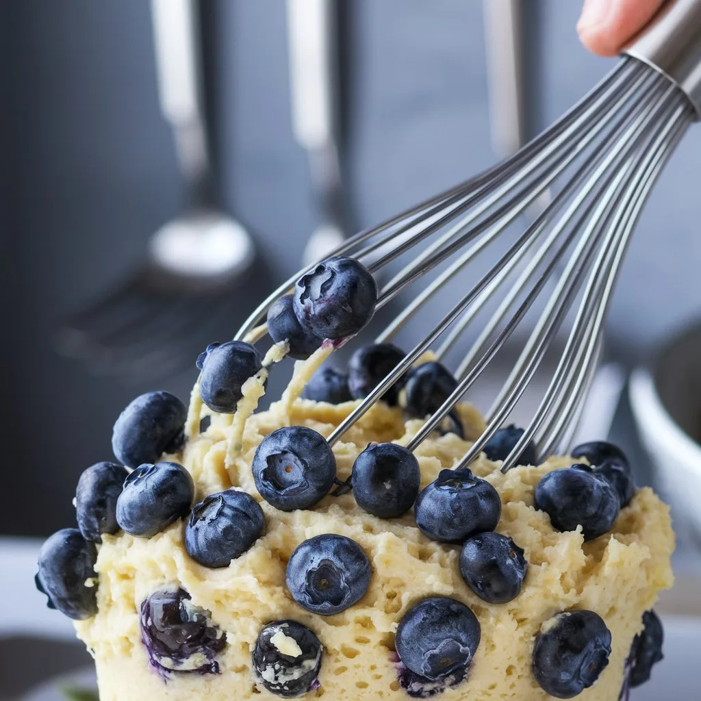 Folding blueberries into Mini Blueberry Muffin batter in a modern kitchen