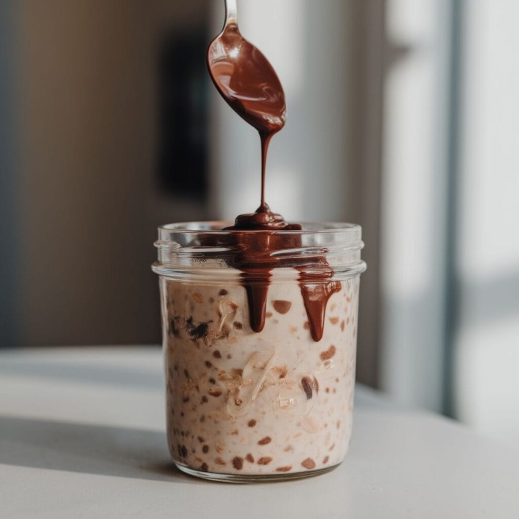 Easy Blended Chocolate Overnight Oats 13 Drizzling melted chocolate over Blended Chocolate Overnight Oats in a glass jar.