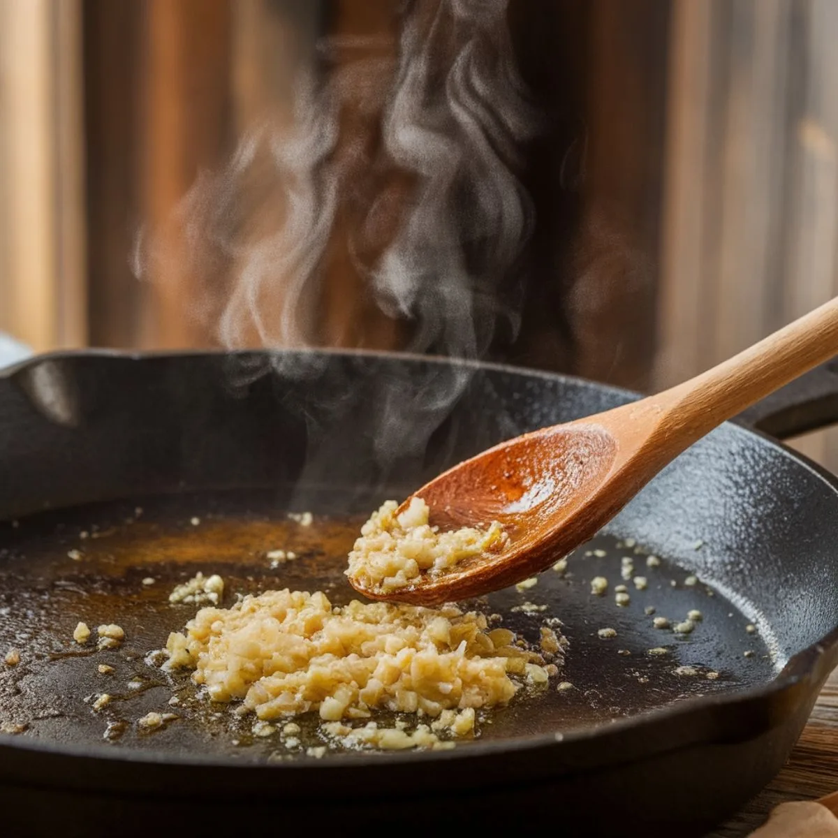 Minced garlic sizzling in a skillet with golden-brown steak juices, stirred gently with a wooden spoon as steam rises, releasing a rich, aromatic fragrance.