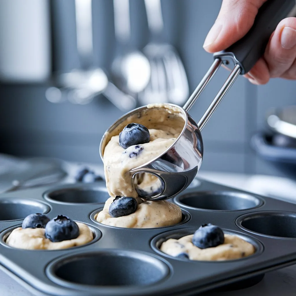 Scooping Mini Blueberry Muffin batter into a mini muffin tin in a modern kitchen