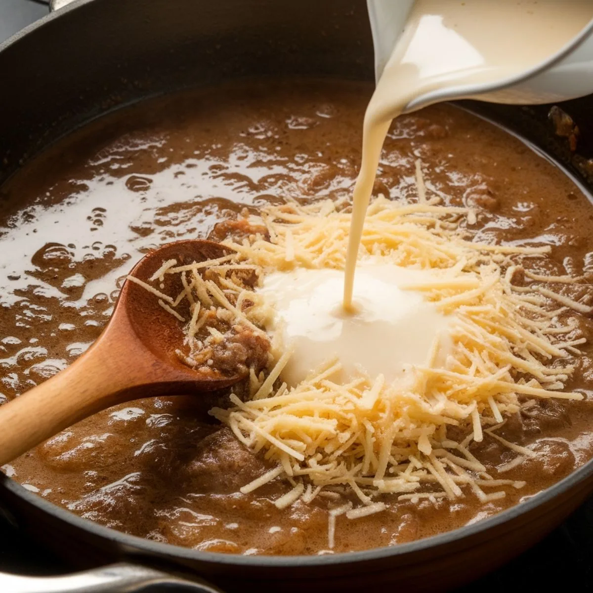 A skillet with beef broth deglazing the pan, as a wooden spoon scrapes up browned bits. Heavy cream is poured in, blending into a velvety sauce while Parmesan cheese is sprinkled and melts into the mixture.
