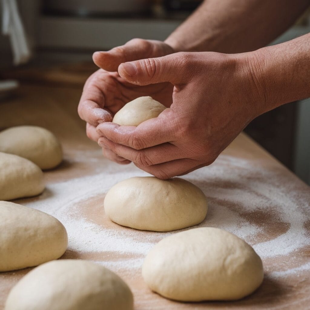 One-Hour Soft Sourdough Discard Rolls: Grandma's Secret Family Recipe 6 Shaping sourdough discard dough into smooth, round rolls on a floured surface.