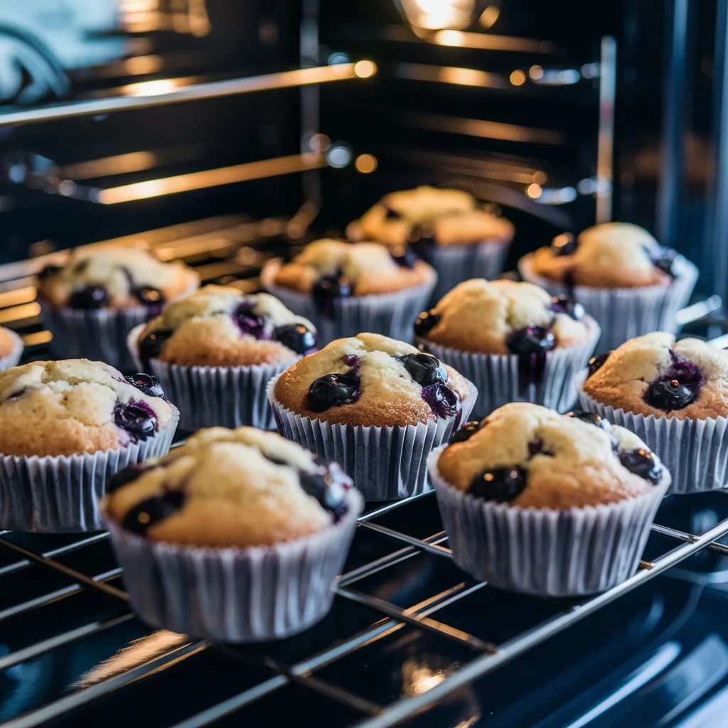Mini Blueberry Muffins baking in an oven, turning golden brown
