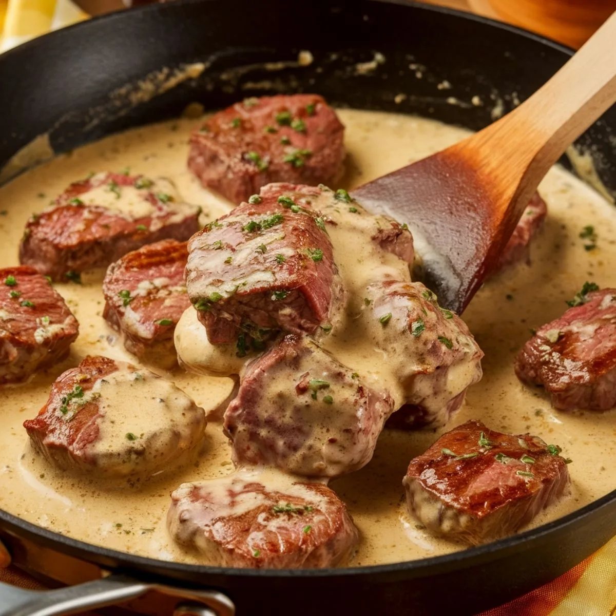 Juicy steak bites being gently folded into a creamy Parmesan sauce in a skillet, with a wooden spatula ensuring each piece is coated in the velvety mixture.