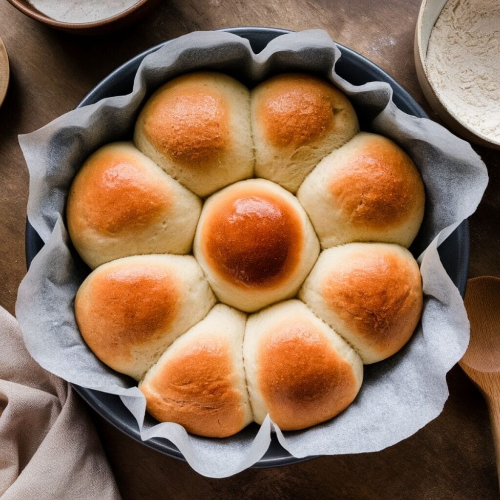 One-Hour Soft Sourdough Discard Rolls: Grandma's Secret Family Recipe 7 Risen sourdough discard rolls in a round baking pan, ready for the oven.