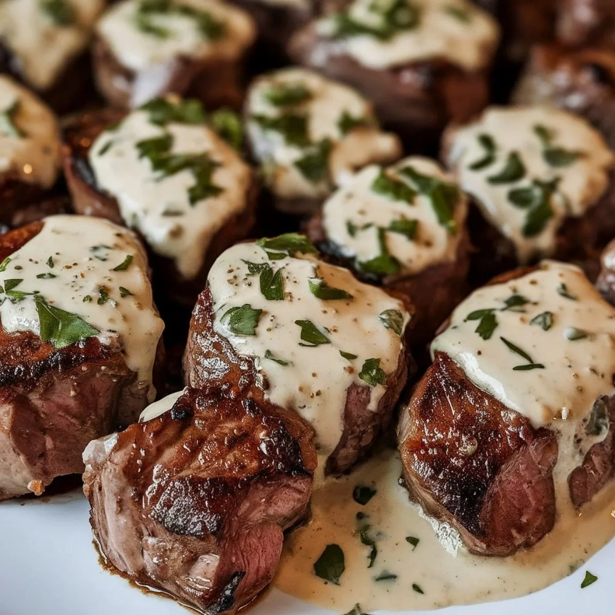 A plate of garlic butter steak bites coated in creamy Parmesan sauce, garnished with fresh chopped parsley, served with mashed potatoes and crusty bread on a rustic dinner table.