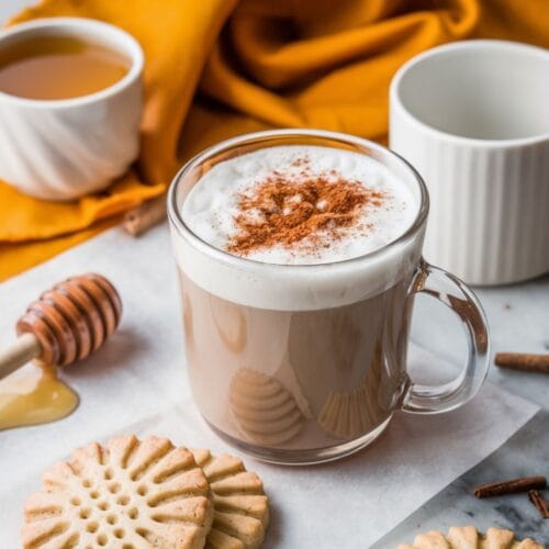 A creamy Cookie Butter Latte topped with cinnamon in a cozy mug.