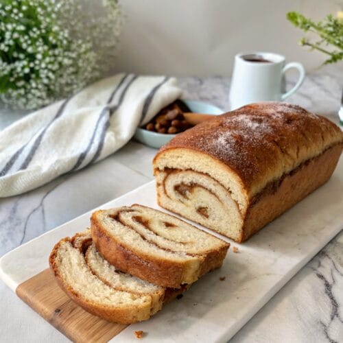 Amish Cinnamon Bread on a modern marble countertop, showcasing its golden crust and cinnamon swirl