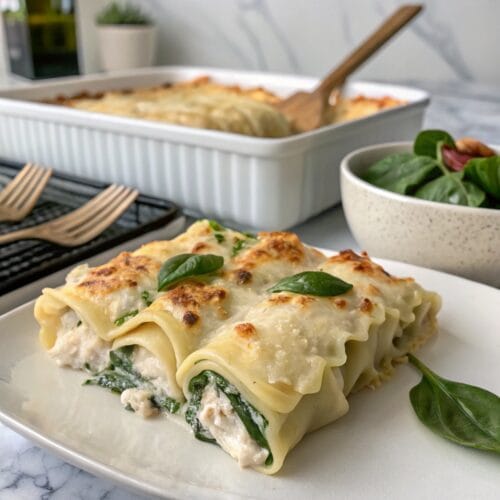 Chicken Alfredo Lasagna Roll Ups with Spinach on a modern marble countertop, showcasing its creamy sauce and golden cheese topping.