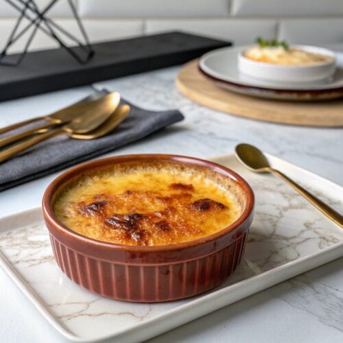 close up of Classic Crab Brulee on a modern marble countertop, showcasing its golden caramelized sugar crust.