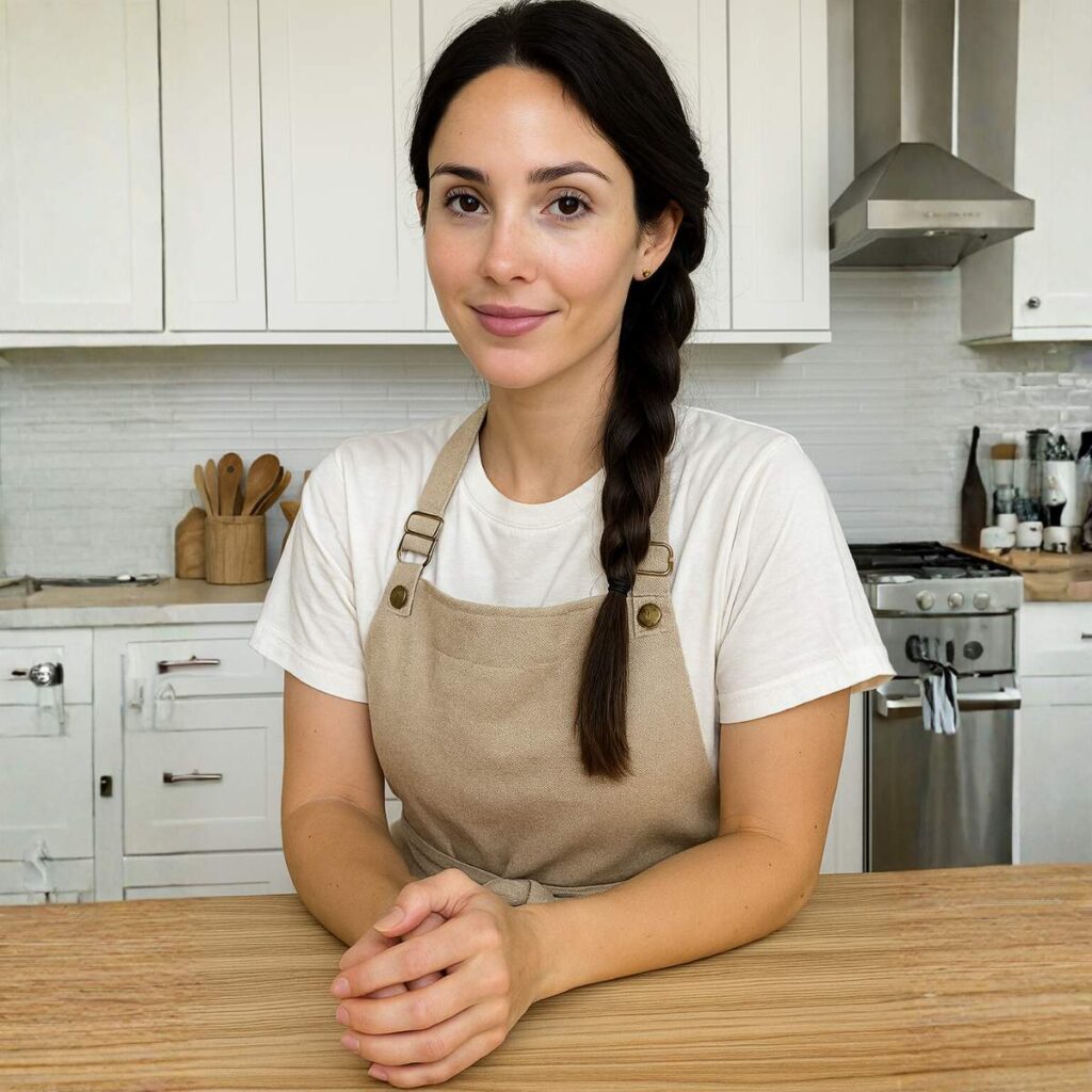 Olivia, the experienced home cook and Fantasy Recipe founder, wearing an apron in the kitchen