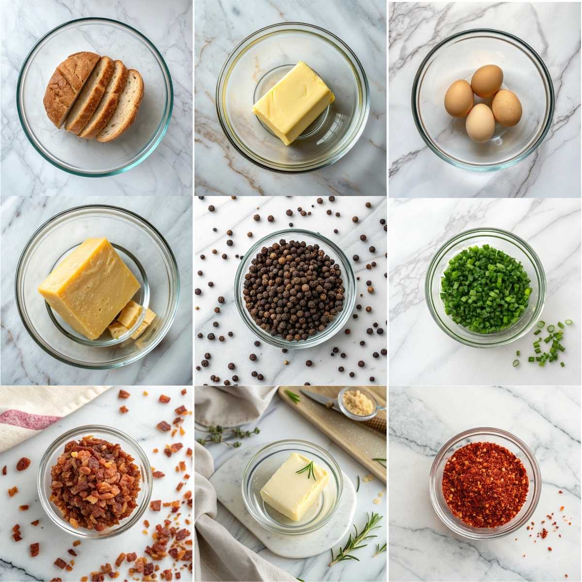 Easy Air Fryer Egg and Cheese Toast 10 A 3x3 grid collage of ingredients for Air Fryer Egg and Cheese Toast, showing thick bread slices, eggs, butter, cheddar cheese, peppercorns, chopped chives, bacon bits, and red pepper flakes in glass bowls