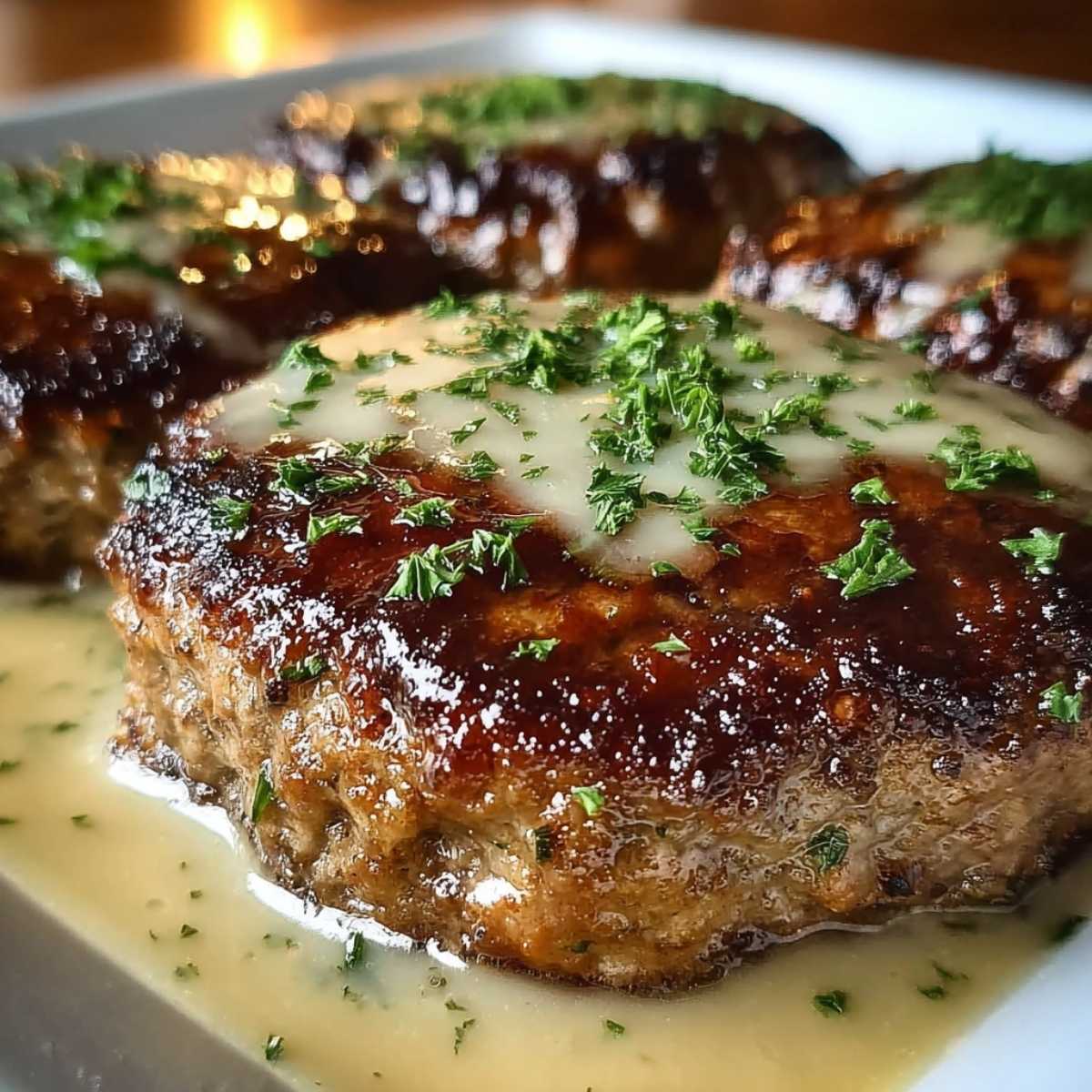 Close-up of Amish Hamburger Steak Bake showing a juicy beef patty topped with creamy gravy and fresh parsley garnish