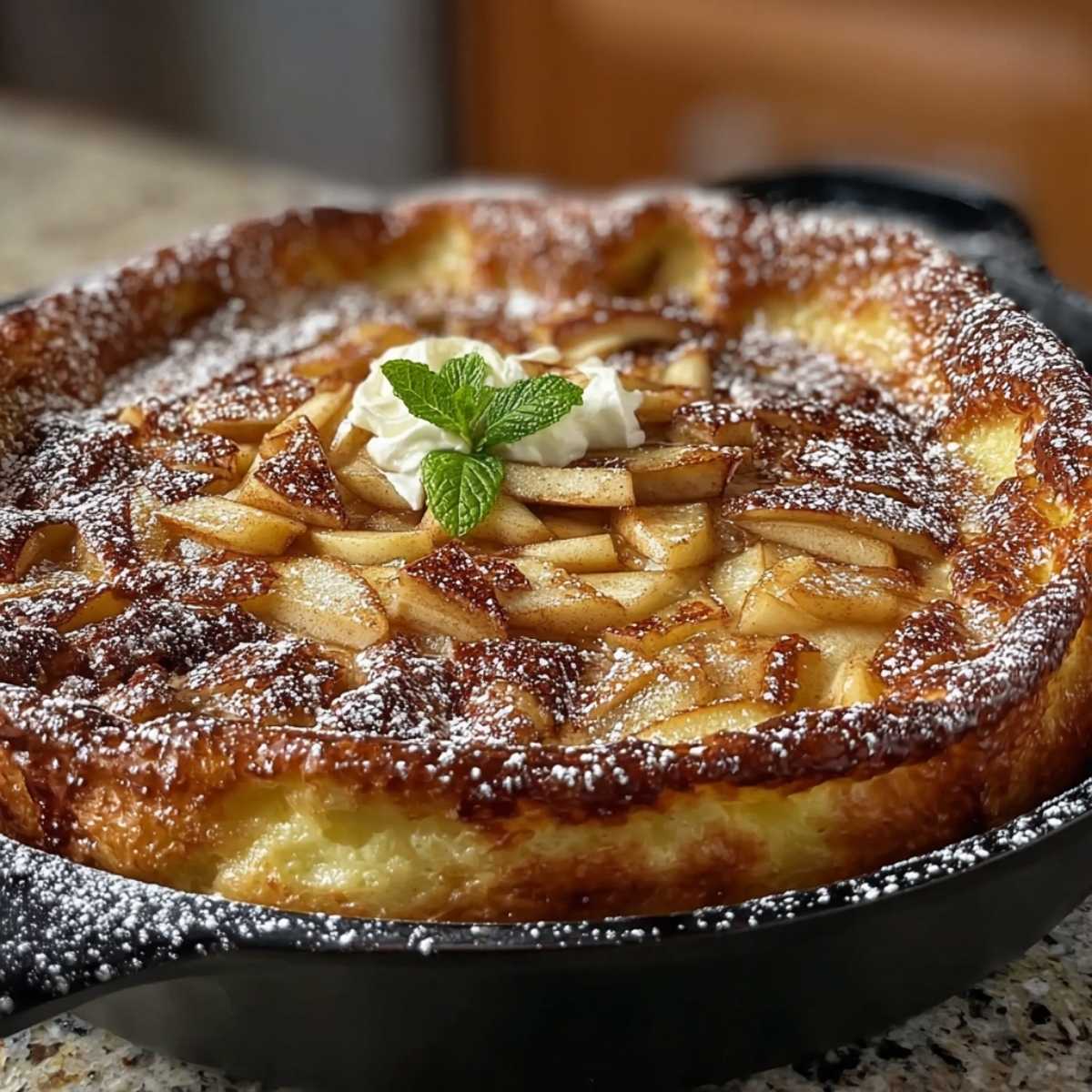 Golden puffed Apple Cinnamon German Pancake in a cast iron skillet, topped with caramelized apples, powdered sugar, whipped cream, and a fresh mint sprig