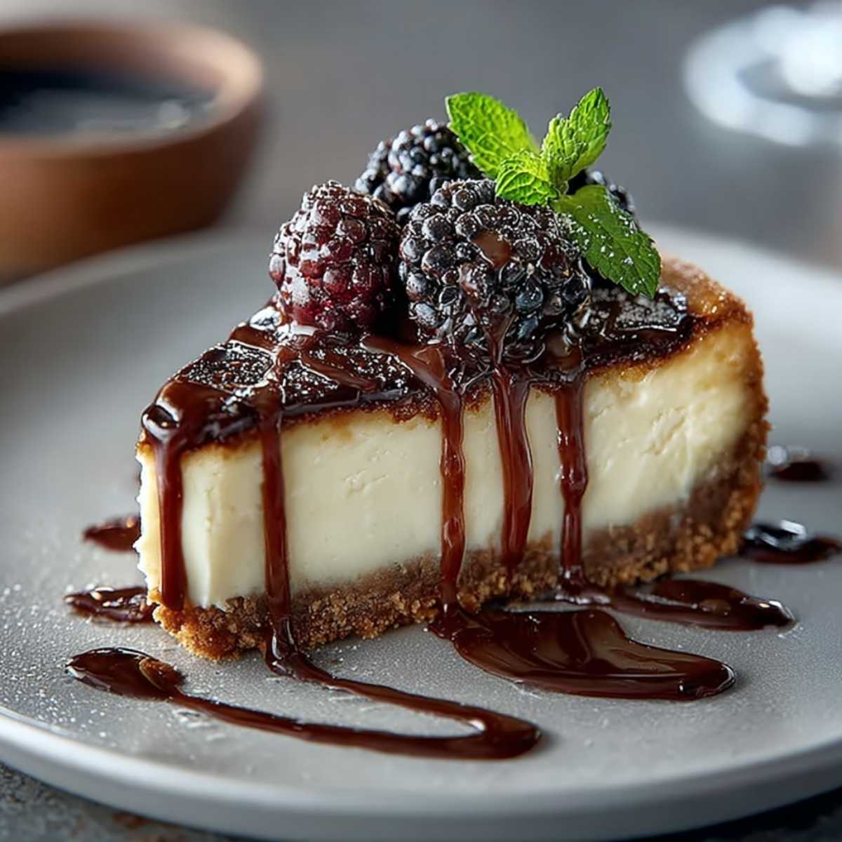 Easy Baileys Irish Cream Cheesecake 10 Close-up of a Baileys Irish Cream Cheesecake slice showing its creamy texture, caramel layer, and chocolate ganache drizzle, garnished with fresh berries.