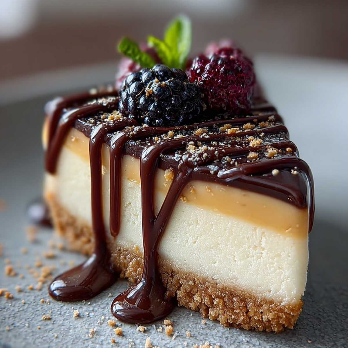 Easy Baileys Irish Cream Cheesecake 9 A decadent slice of Baileys Irish Cream Cheesecake with chocolate ganache and fresh berries on a modern gray plate.
