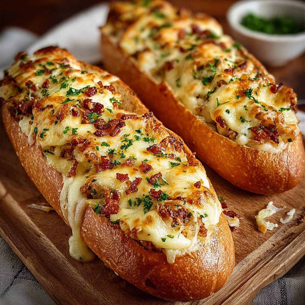 Two baked stuffed baguettes on a wooden board, loaded with melted mozzarella, cheddar, and crispy bacon, garnished with parsley