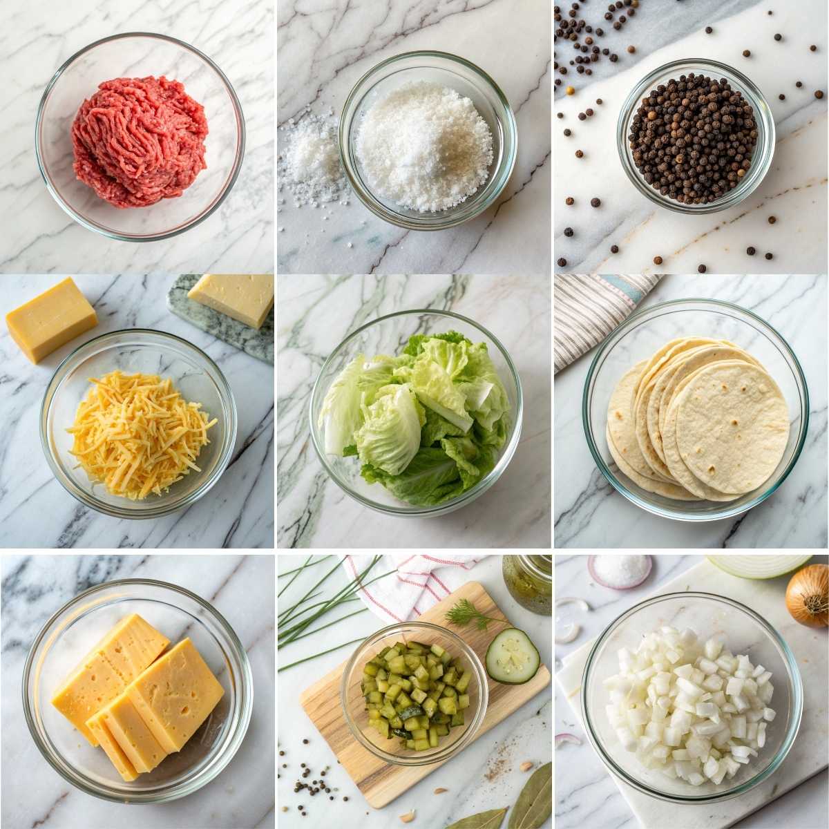 Easy Big Mac Wraps With Special Sauce 11 All the fresh components for Homemade Big Mac Wraps in a grid: ground beef, tortillas, shredded cheese, lettuce, pickles, and salt and pepper