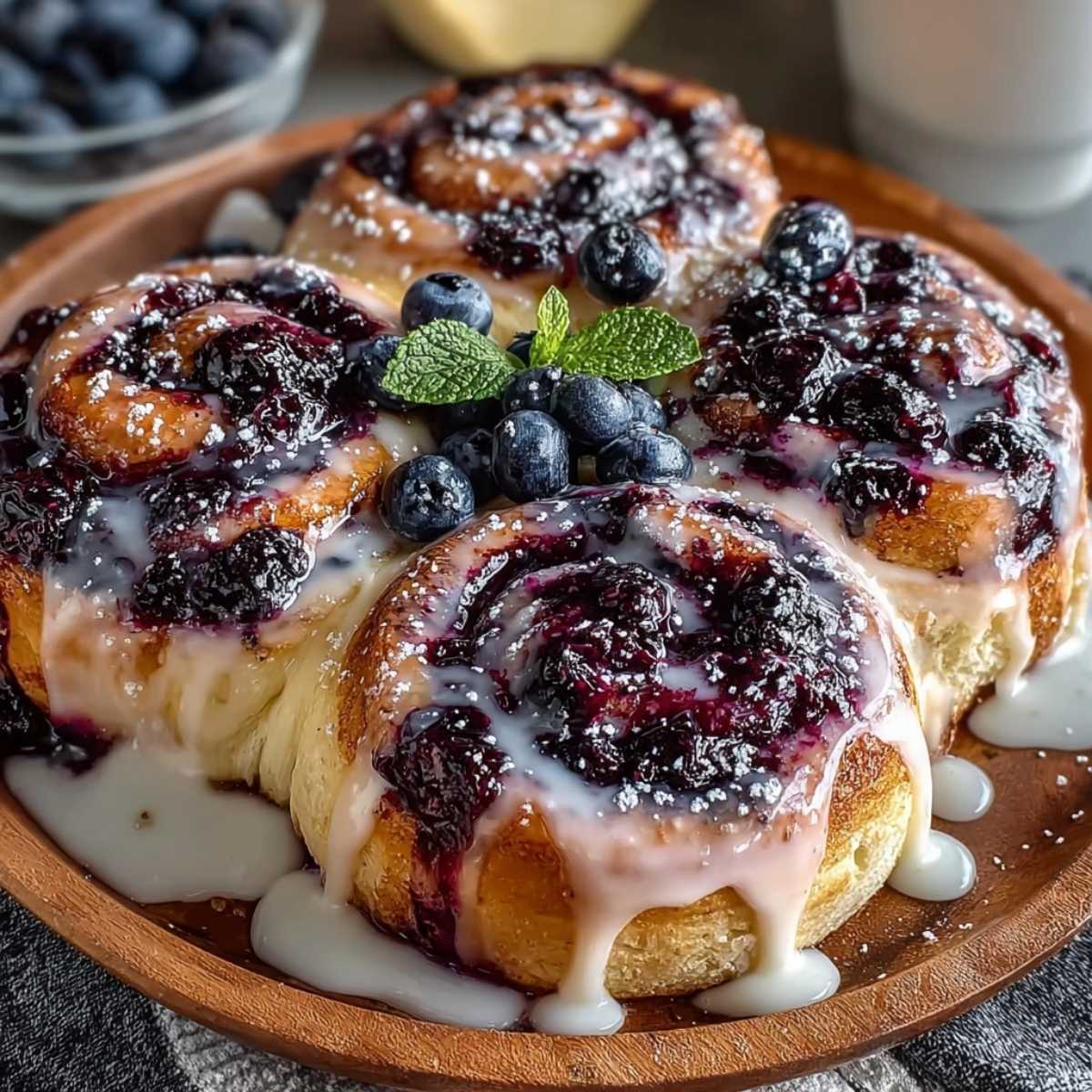 Easy Blueberry Cinnamon Rolls 9 Four homemade blueberry cinnamon rolls on a round wooden plate, generously topped with white icing, dark blueberry compote, fresh blueberries, and a sprig of mint.