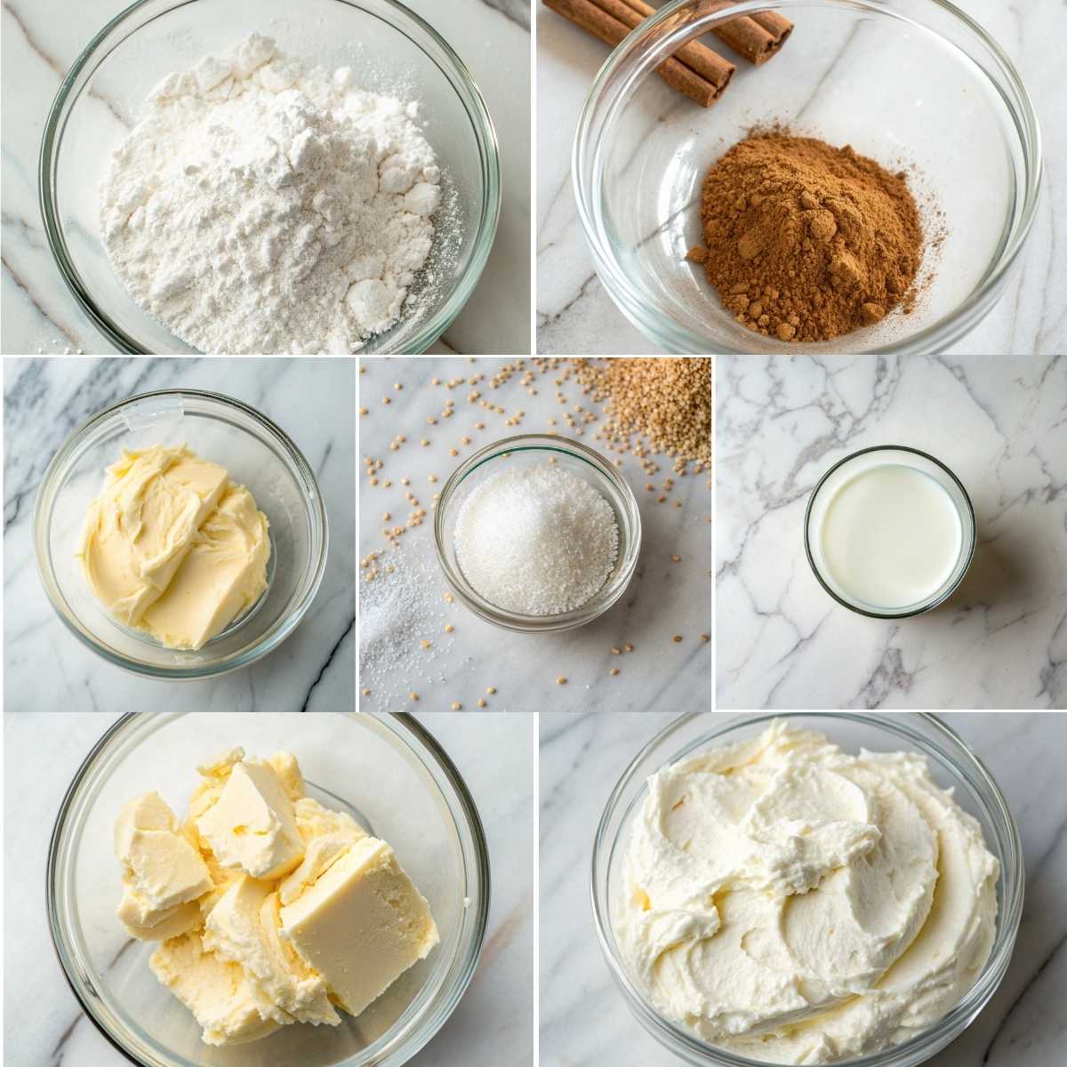 Easy Blueberry Cinnamon Rolls 11 Collage of ingredients for cinnamon sugar filling and cream cheese frosting, including cinnamon, brown sugar, butter, and cream cheese