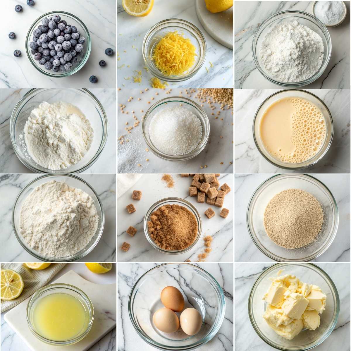 Easy Blueberry Cinnamon Rolls 10 Collage of ingredients for Blueberry Cinnamon Rolls including fresh blueberries, flour, yeast, eggs, and lemon zest in glass bowls.