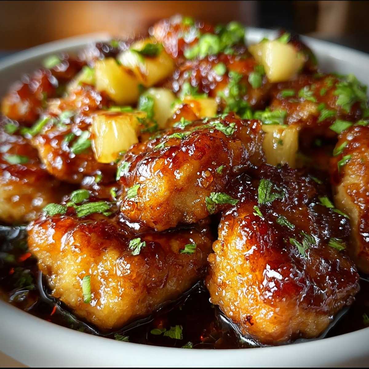 Extreme close-up of Brown Sugar Pineapple Chicken showing the glossy caramelized glaze, sticky sauce, and fresh parsley garnish.