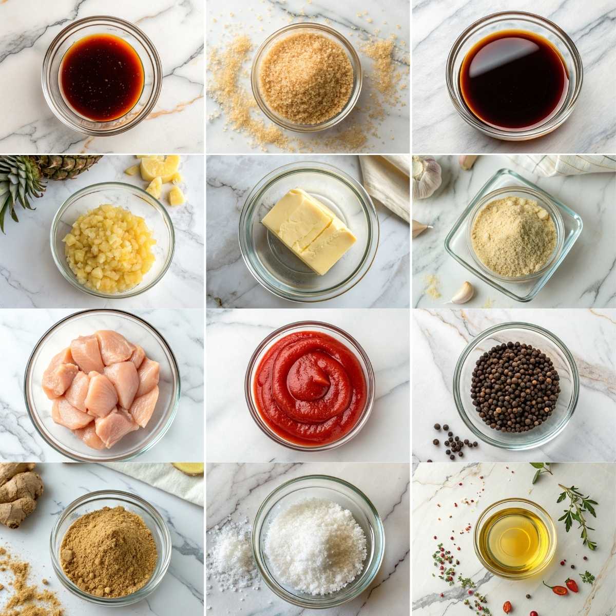 Easy Brown Sugar Pineapple Chicken 10 Grid showing ingredients for Brown Sugar Pineapple Chicken, including chicken, brown sugar, ketchup, soy sauce, and seasonings on marble.