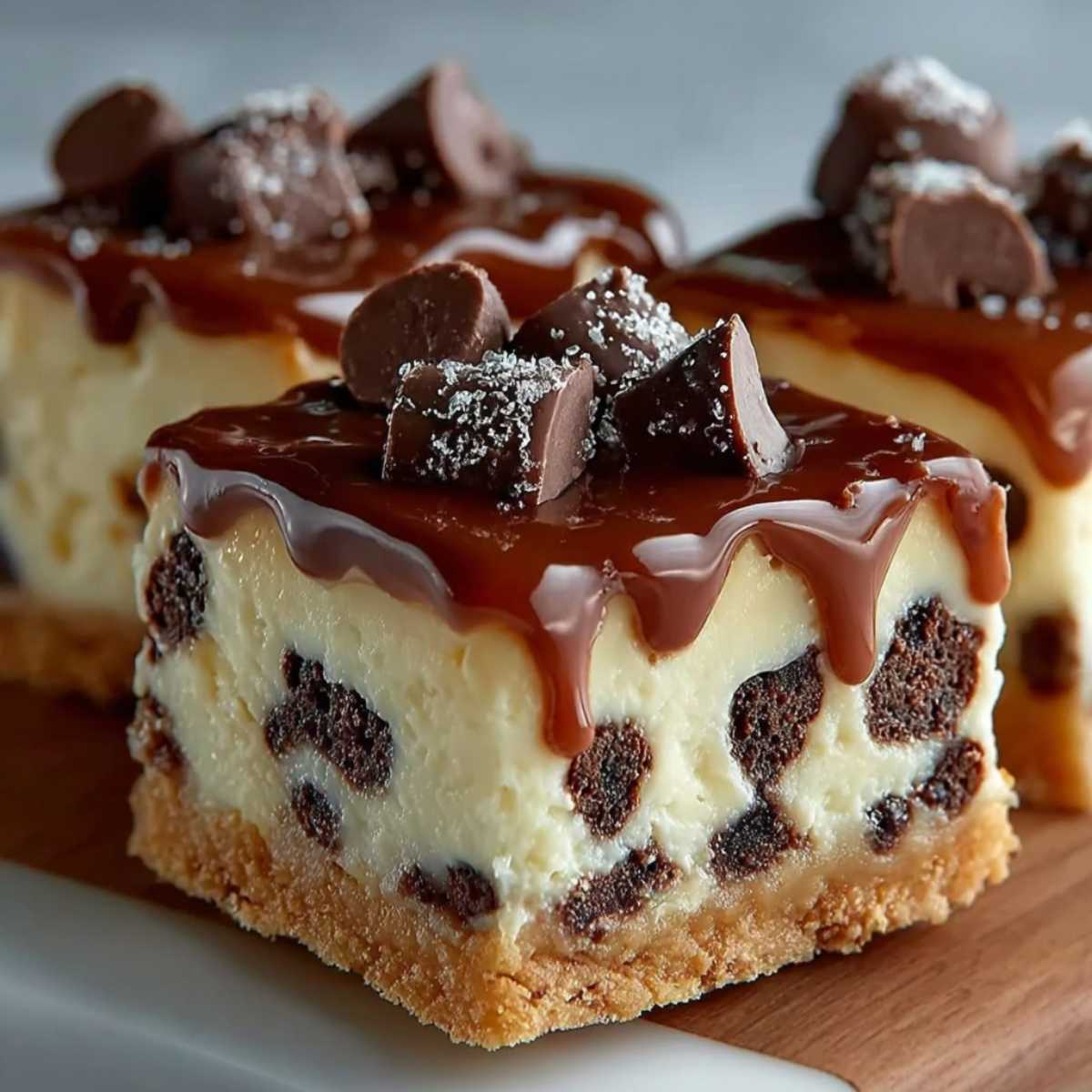 Easy Millionaires Cheesecake Bars 9 A close-up of a millionaires cheesecake bars on a wooden board, showing a thick crust, creamy filling with brownie pieces, and a caramel drizzle.