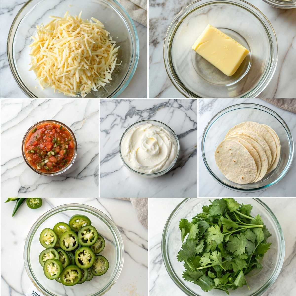 Easy Cheesy Garlic Chicken Wraps 11 Ingredients for assembling Cheesy Garlic Chicken Wraps including tortillas, butter, shredded cheese, salsa, sour cream, and jalapeños.